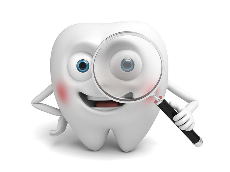 A cartoon image of a tooth with a magnifying glass searching for a dentist
